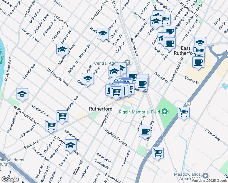 map of restaurants, bars, coffee shops, grocery stores, and more near 74 Kip Avenue in Rutherford
