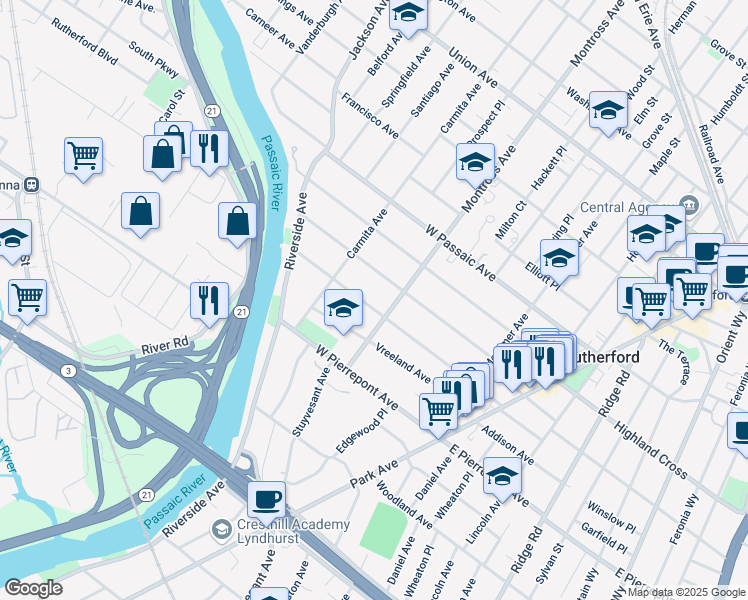 map of restaurants, bars, coffee shops, grocery stores, and more near 163 Woodward Avenue in Rutherford