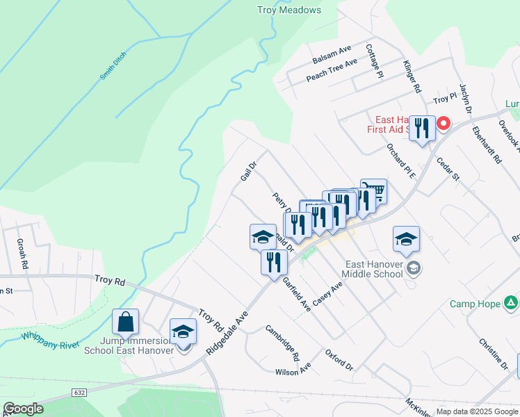 map of restaurants, bars, coffee shops, grocery stores, and more near 42 Petry Drive in East Hanover