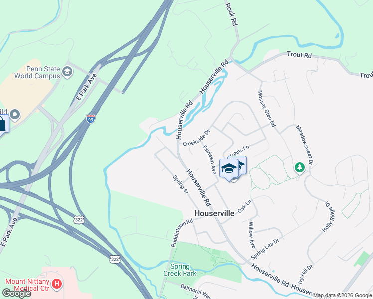 map of restaurants, bars, coffee shops, grocery stores, and more near 101-109 Creekside Dr in State College