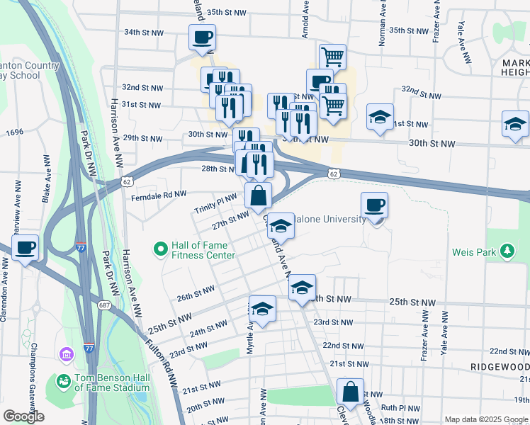 map of restaurants, bars, coffee shops, grocery stores, and more near 2712 Cleveland Avenue Northwest in Canton