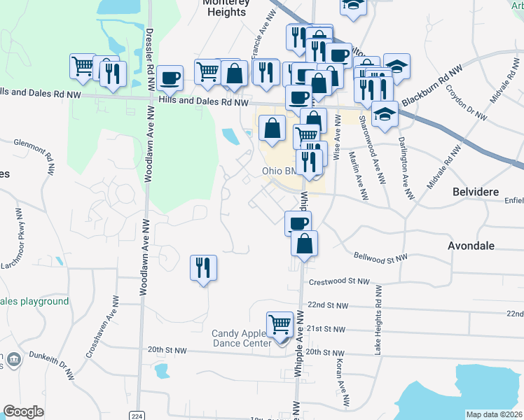 map of restaurants, bars, coffee shops, grocery stores, and more near 2740 Shaftesbury Drive Northwest in Canton