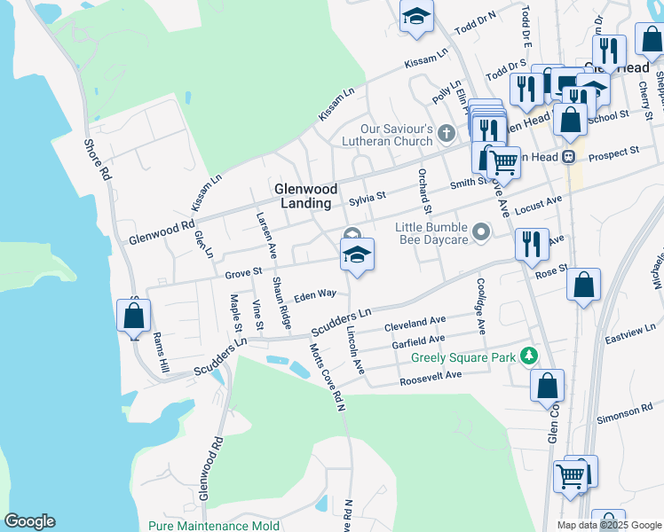 map of restaurants, bars, coffee shops, grocery stores, and more near 7 Grove Street in Roslyn