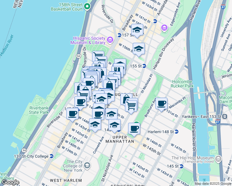 map of restaurants, bars, coffee shops, grocery stores, and more near 1811 Amsterdam Avenue in New York