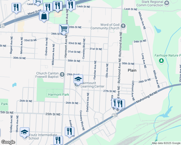 map of restaurants, bars, coffee shops, grocery stores, and more near 2912 Daleford Avenue Northeast in Canton