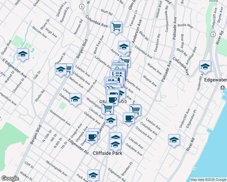 map of restaurants, bars, coffee shops, grocery stores, and more near 691 Anderson Avenue in Cliffside Park