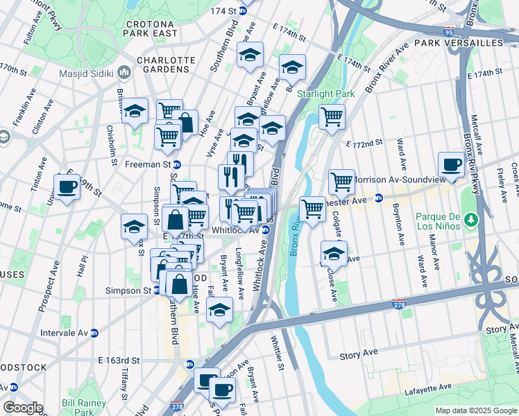map of restaurants, bars, coffee shops, grocery stores, and more near 1028 Freeman Street in Bronx
