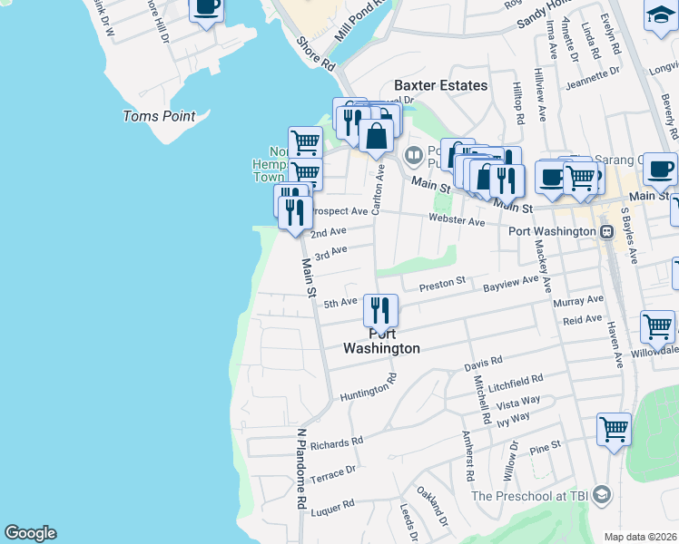 map of restaurants, bars, coffee shops, grocery stores, and more near Anchorage Road in Port Washington