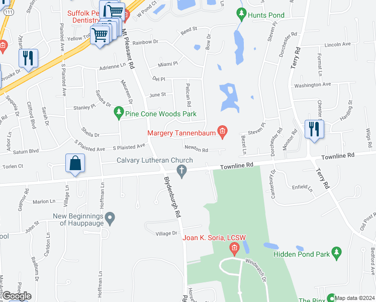 map of restaurants, bars, coffee shops, grocery stores, and more near 8 Newton Road in Hauppauge
