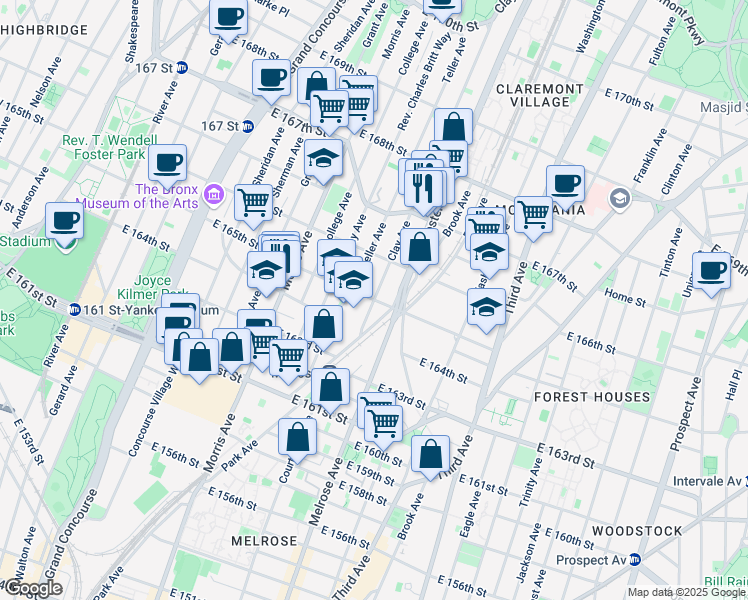 map of restaurants, bars, coffee shops, grocery stores, and more near E 165th St & Clay Ave in Bronx