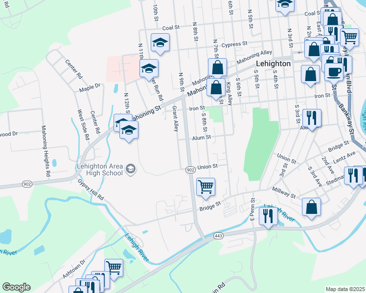 map of restaurants, bars, coffee shops, grocery stores, and more near 312 S 9th St in Lehighton