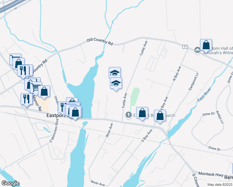 map of restaurants, bars, coffee shops, grocery stores, and more near 390 Montauk Highway in Eastport