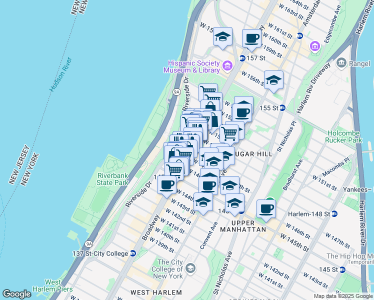 map of restaurants, bars, coffee shops, grocery stores, and more near 618 West 148th Street in New York