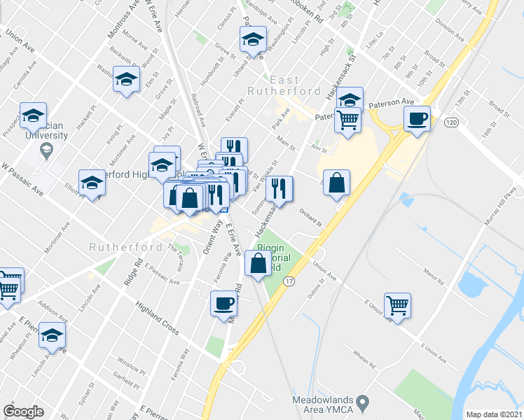 map of restaurants, bars, coffee shops, grocery stores, and more near 248 Summer Street in East Rutherford