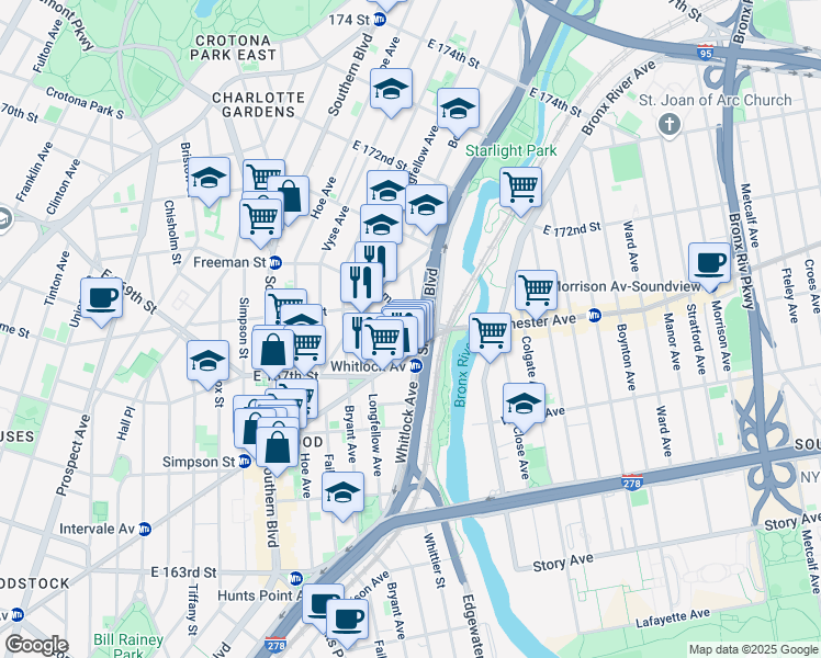 map of restaurants, bars, coffee shops, grocery stores, and more near 1028 Freeman Street in Bronx