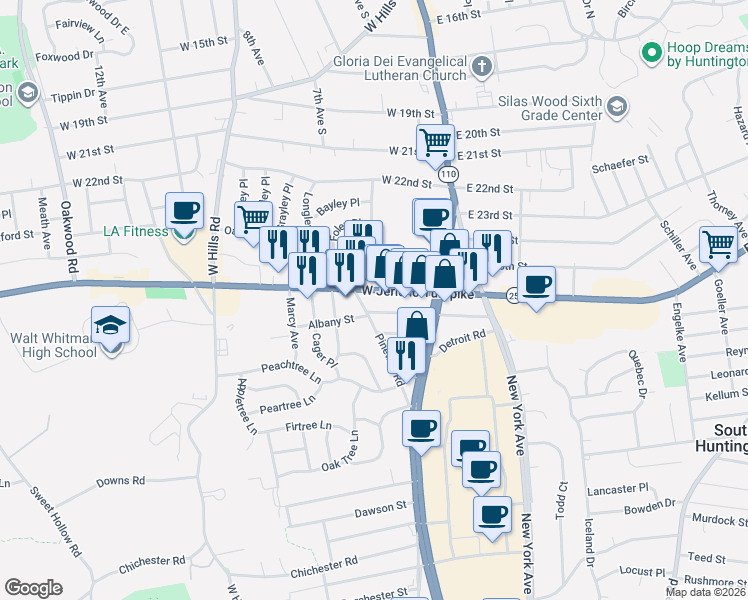 map of restaurants, bars, coffee shops, grocery stores, and more near 120-124 New York State Route 25 in Huntington Station
