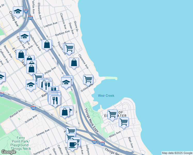 map of restaurants, bars, coffee shops, grocery stores, and more near 620 Clarence Avenue in The Bronx