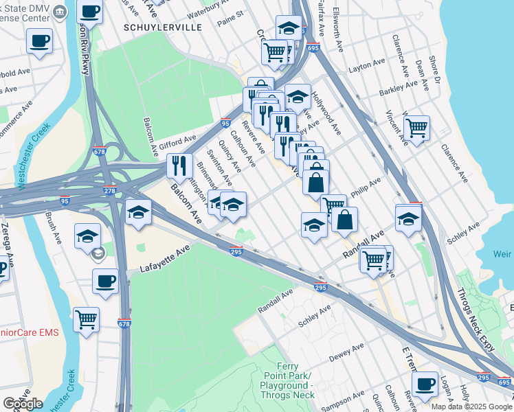 map of restaurants, bars, coffee shops, grocery stores, and more near 906 Swinton Avenue in Bronx