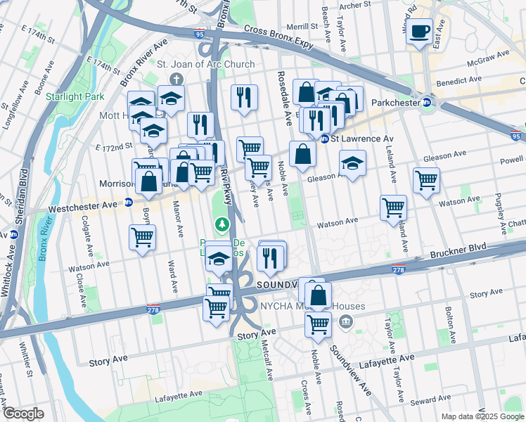 map of restaurants, bars, coffee shops, grocery stores, and more near 1143 Croes Avenue in Bronx