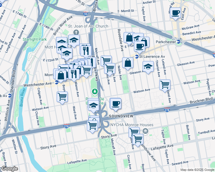 map of restaurants, bars, coffee shops, grocery stores, and more near 1140 Metcalf Avenue in Bronx