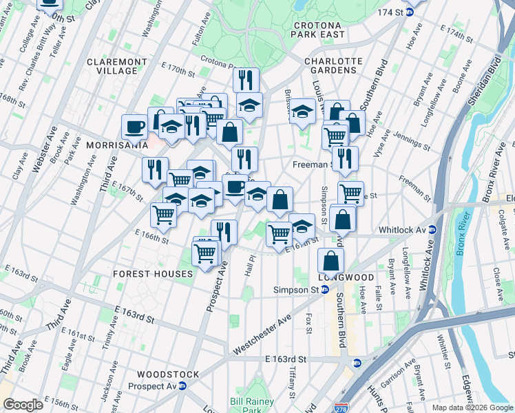 map of restaurants, bars, coffee shops, grocery stores, and more near 1314 Prospect Avenue in Bronx