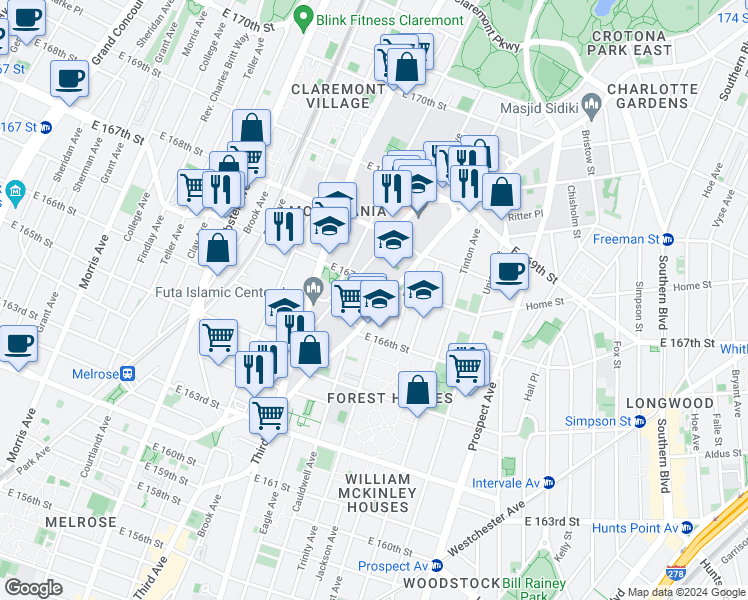 map of restaurants, bars, coffee shops, grocery stores, and more near 1142 Franklin Avenue in Bronx