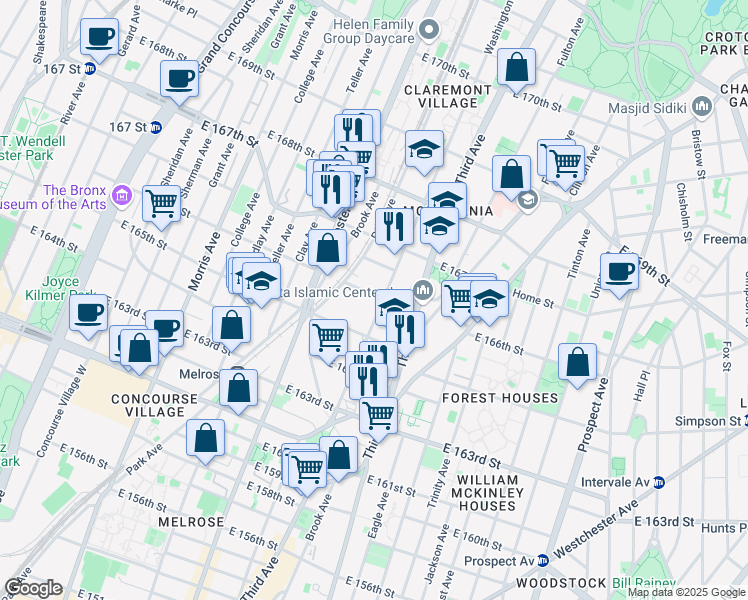 map of restaurants, bars, coffee shops, grocery stores, and more near 422 East 166th Street in Bronx
