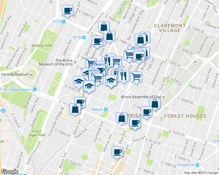 map of restaurants, bars, coffee shops, grocery stores, and more near in Bronx