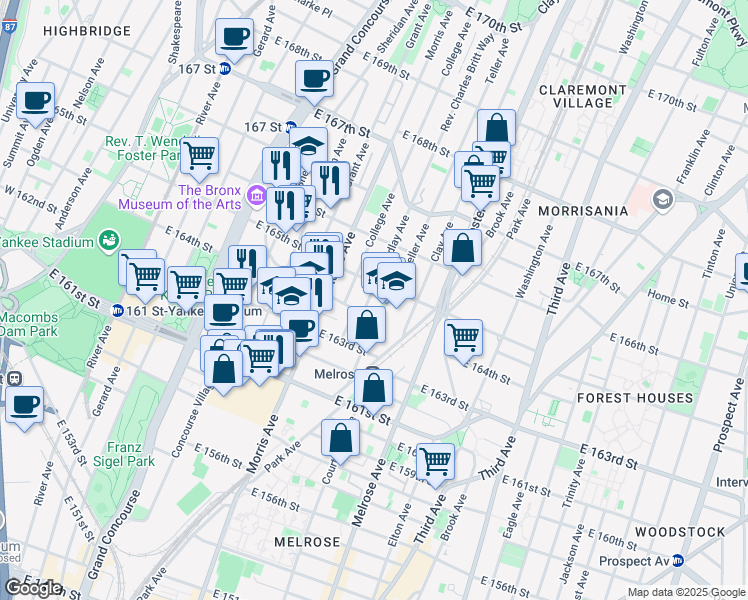 map of restaurants, bars, coffee shops, grocery stores, and more near in The Bronx