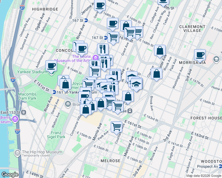 map of restaurants, bars, coffee shops, grocery stores, and more near 985 Morris Avenue in Bronx