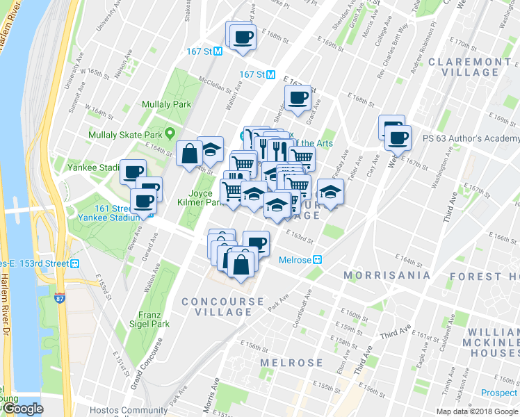 map of restaurants, bars, coffee shops, grocery stores, and more near in The Bronx