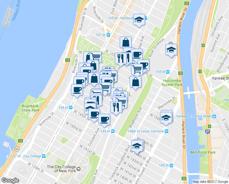 map of restaurants, bars, coffee shops, grocery stores, and more near in New York