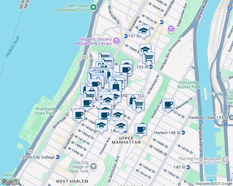 map of restaurants, bars, coffee shops, grocery stores, and more near 1811 Amsterdam Avenue in New York