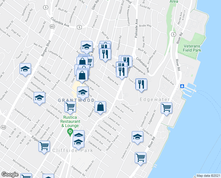 map of restaurants, bars, coffee shops, grocery stores, and more near 225 Franklin Avenue in Cliffside Park
