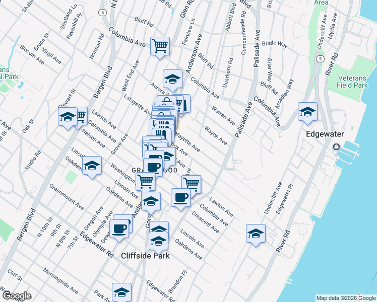 map of restaurants, bars, coffee shops, grocery stores, and more near 272 Lafayette Avenue in Cliffside Park