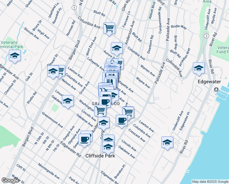 map of restaurants, bars, coffee shops, grocery stores, and more near in Cliffside Park