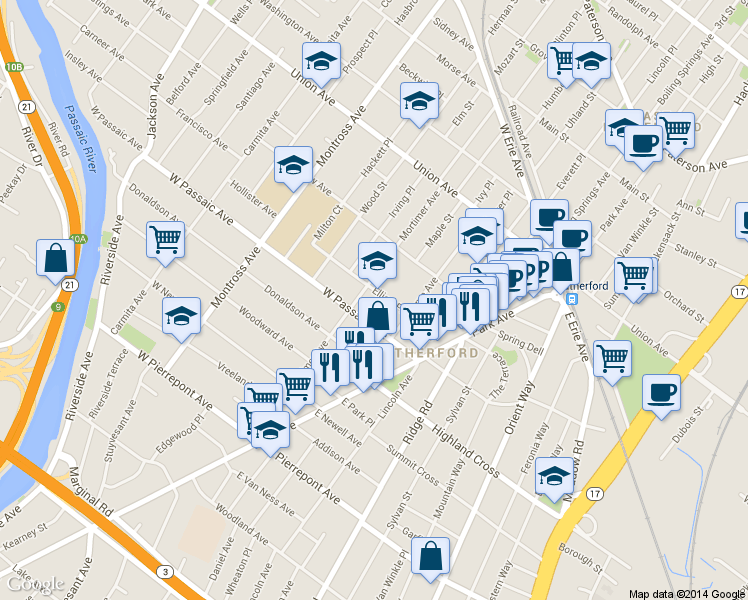 map of restaurants, bars, coffee shops, grocery stores, and more near 201 Mortimer Avenue in Rutherford