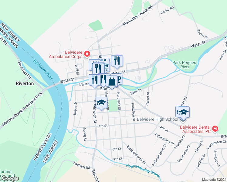 map of restaurants, bars, coffee shops, grocery stores, and more near 416 Front Street in Belvidere