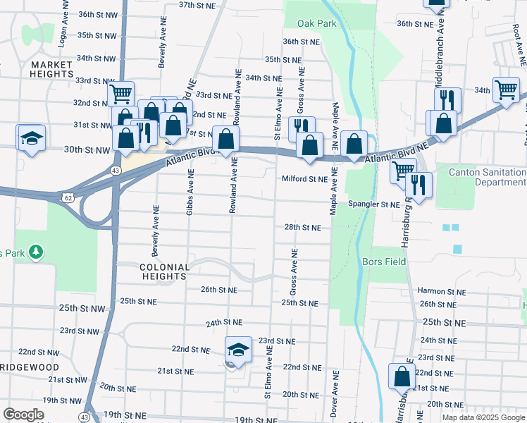 map of restaurants, bars, coffee shops, grocery stores, and more near 1422 Spangler Street Northeast in Canton