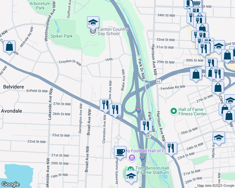 map of restaurants, bars, coffee shops, grocery stores, and more near 2708 Clearview Avenue Northwest in Canton