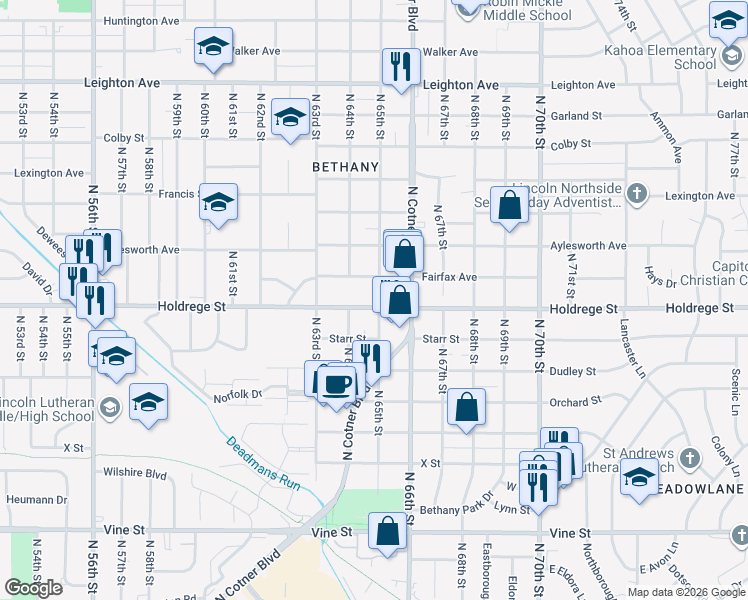 map of restaurants, bars, coffee shops, grocery stores, and more near 6515 Fairfax Avenue in Lincoln