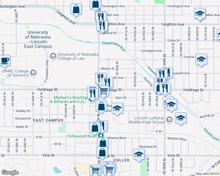 map of restaurants, bars, coffee shops, grocery stores, and more near 1535 North 49th Street in Lincoln