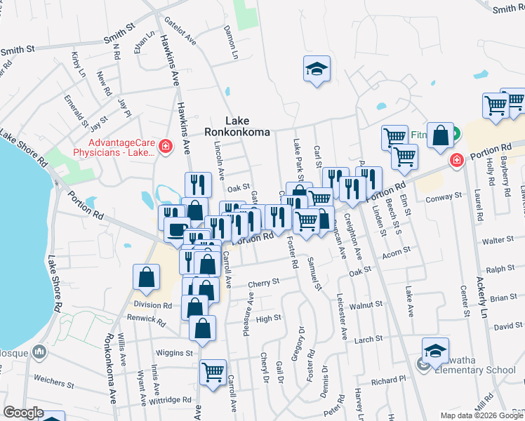 map of restaurants, bars, coffee shops, grocery stores, and more near 11 Gatelot Avenue in Lake Ronkonkoma