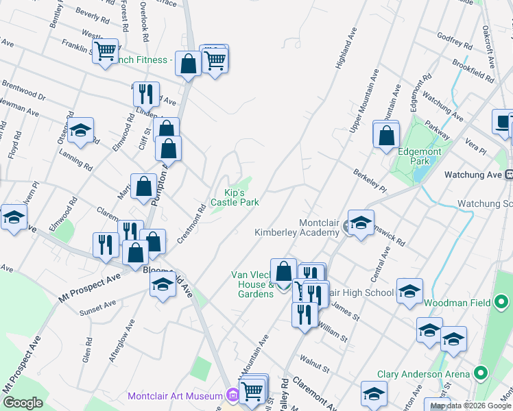 map of restaurants, bars, coffee shops, grocery stores, and more near 74 Highland Avenue in Montclair