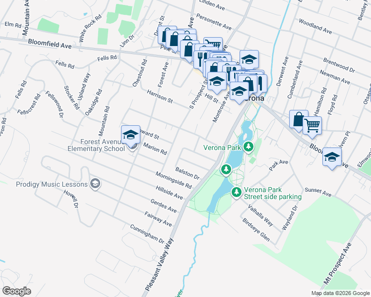 map of restaurants, bars, coffee shops, grocery stores, and more near 8 Peters Lane in Verona