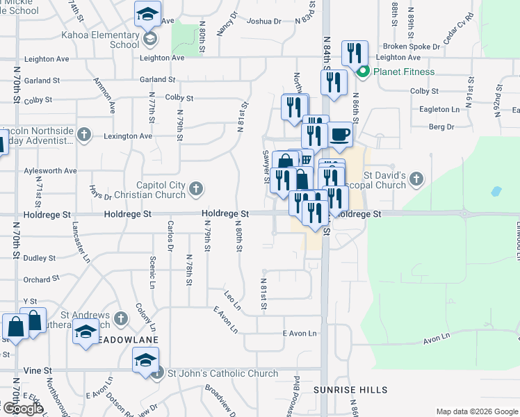 map of restaurants, bars, coffee shops, grocery stores, and more near 1511 Sawyer Court in Lincoln