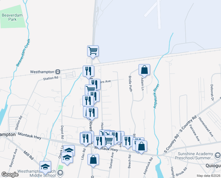map of restaurants, bars, coffee shops, grocery stores, and more near 79 Rogers Avenue in Westhampton Beach