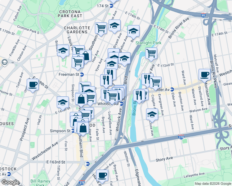 map of restaurants, bars, coffee shops, grocery stores, and more near 1028 Freeman Street in Bronx