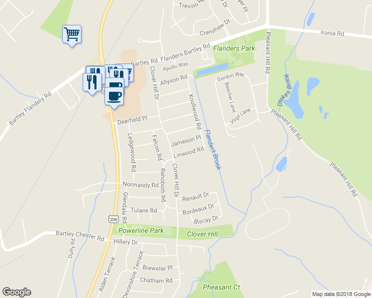 map of restaurants, bars, coffee shops, grocery stores, and more near 7 Linwood Road in Mount Olive Township