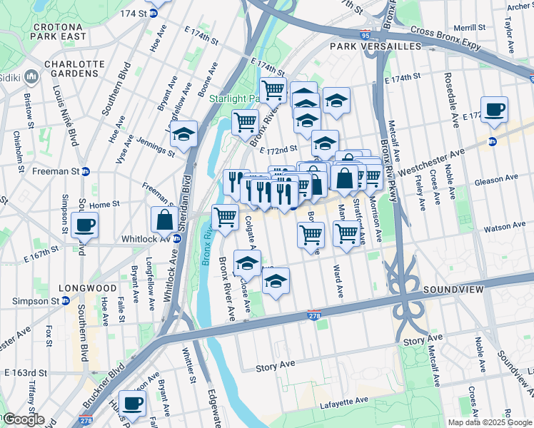 map of restaurants, bars, coffee shops, grocery stores, and more near in The Bronx